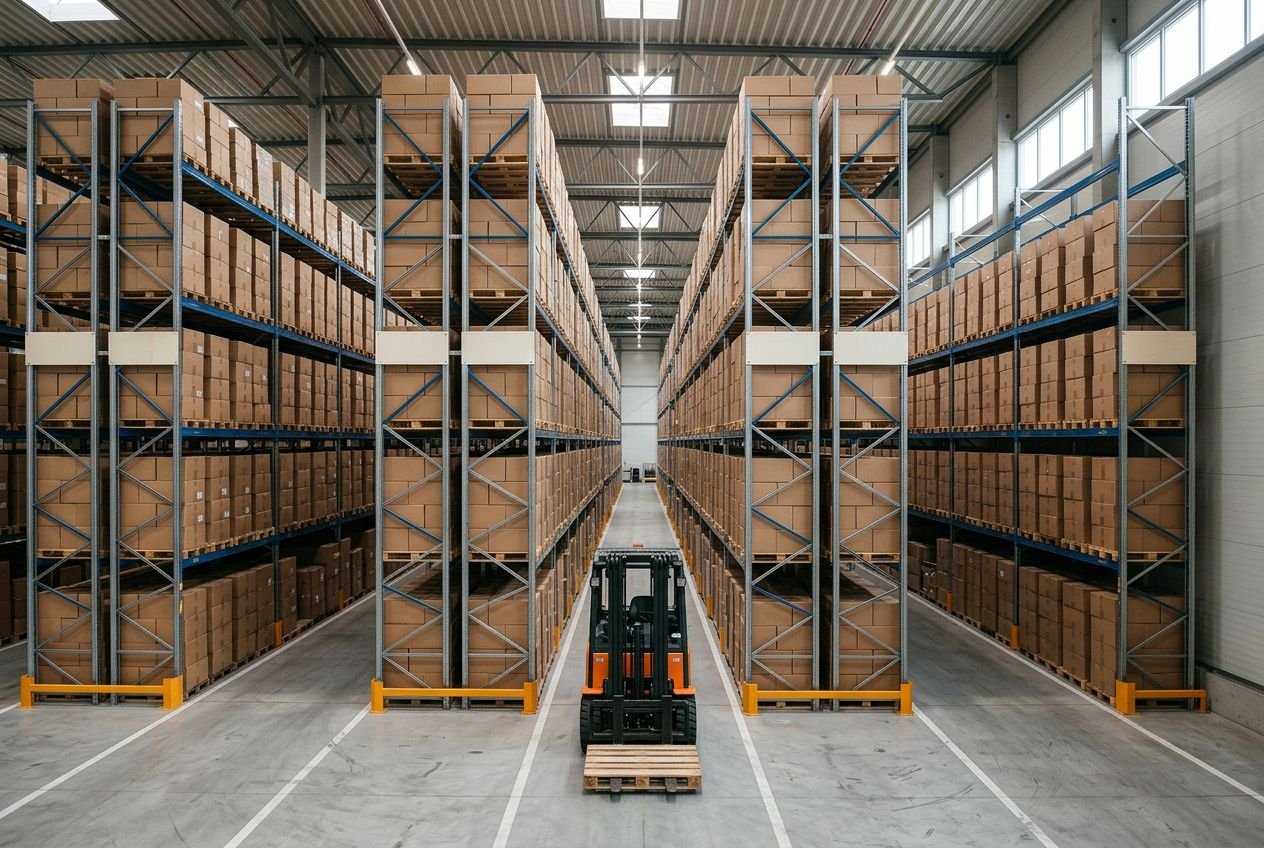 Allées de rayonnages industriels en hauteur remplis de cartons, avec chariot élévateur devant une palette. différen...