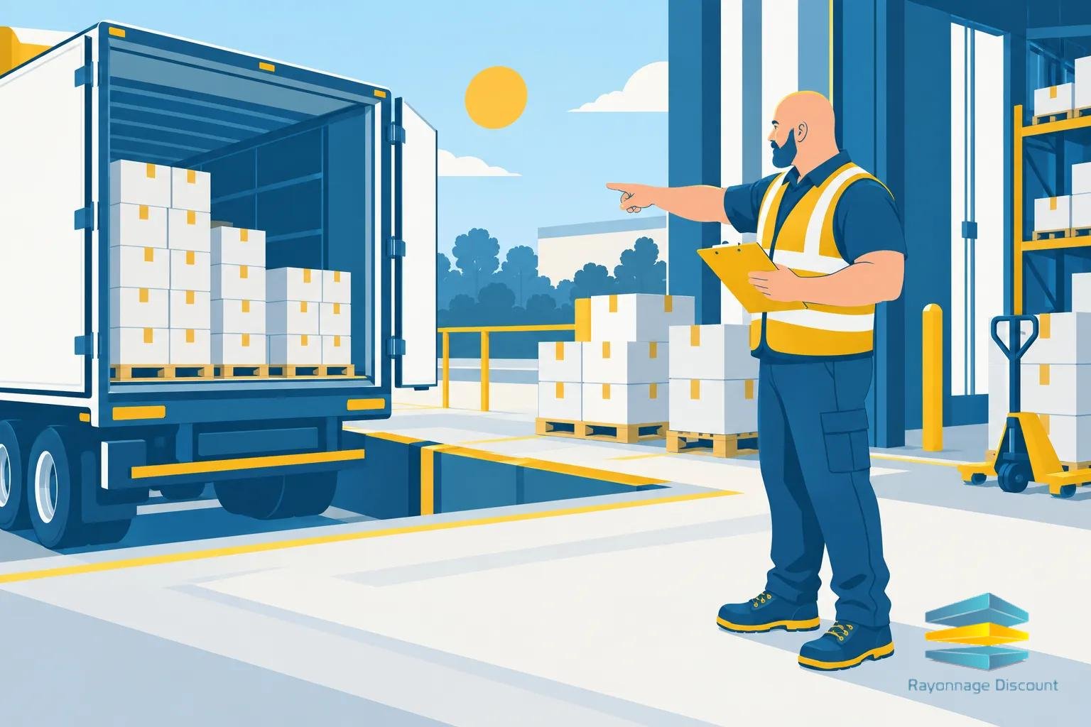 Un contremaître portant un gilet jaune et une barbe pointe du doigt des piles de caisses à l’extérieur d’un quai de chargement