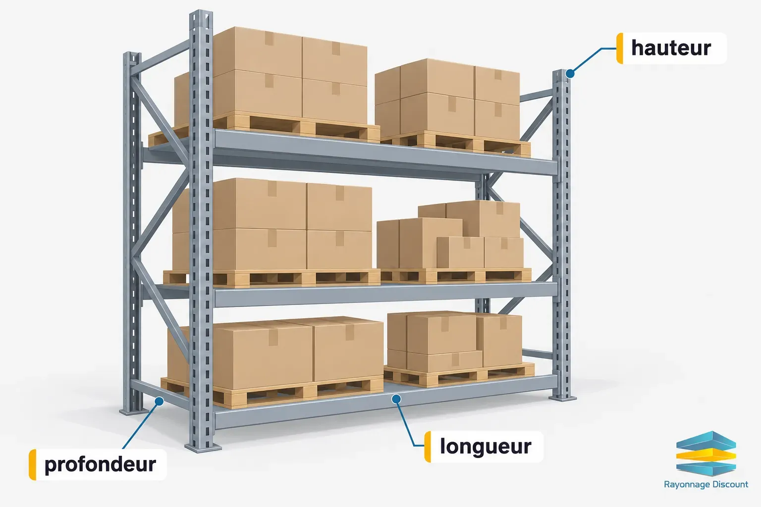 Étagère industrielle en métal chargée de cartons sur des palettes, montrant la profondeur, la longueur et la hauteur des
