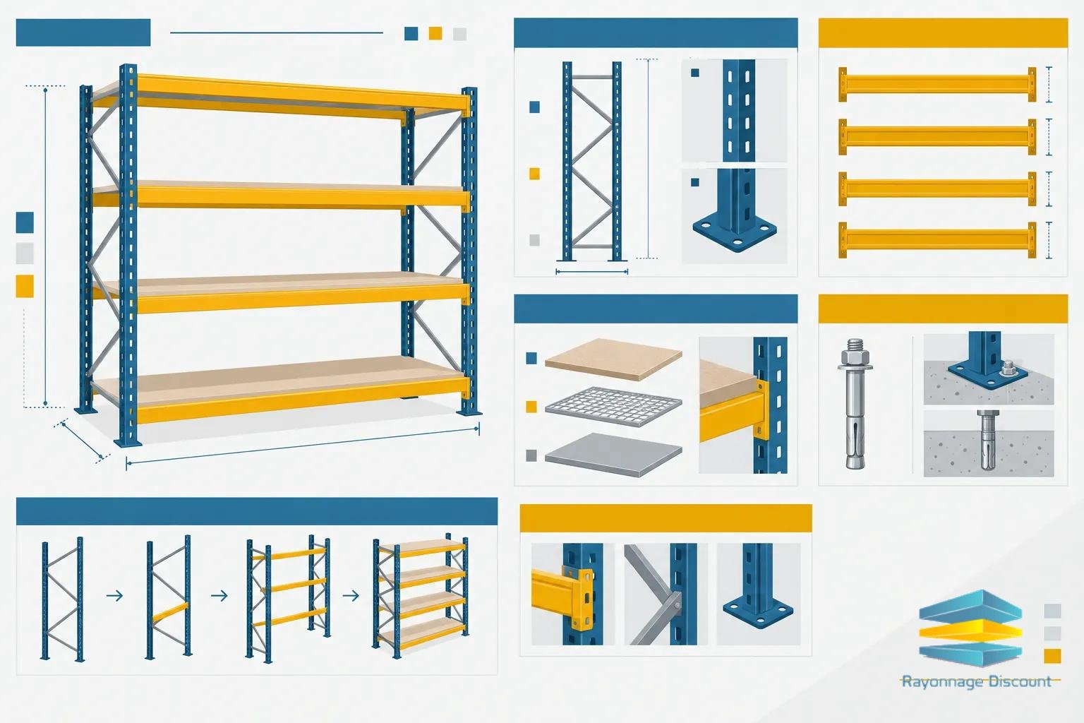Étagères industrielles en métal bleu et jaune avec plusieurs niveaux et éléments de montage.