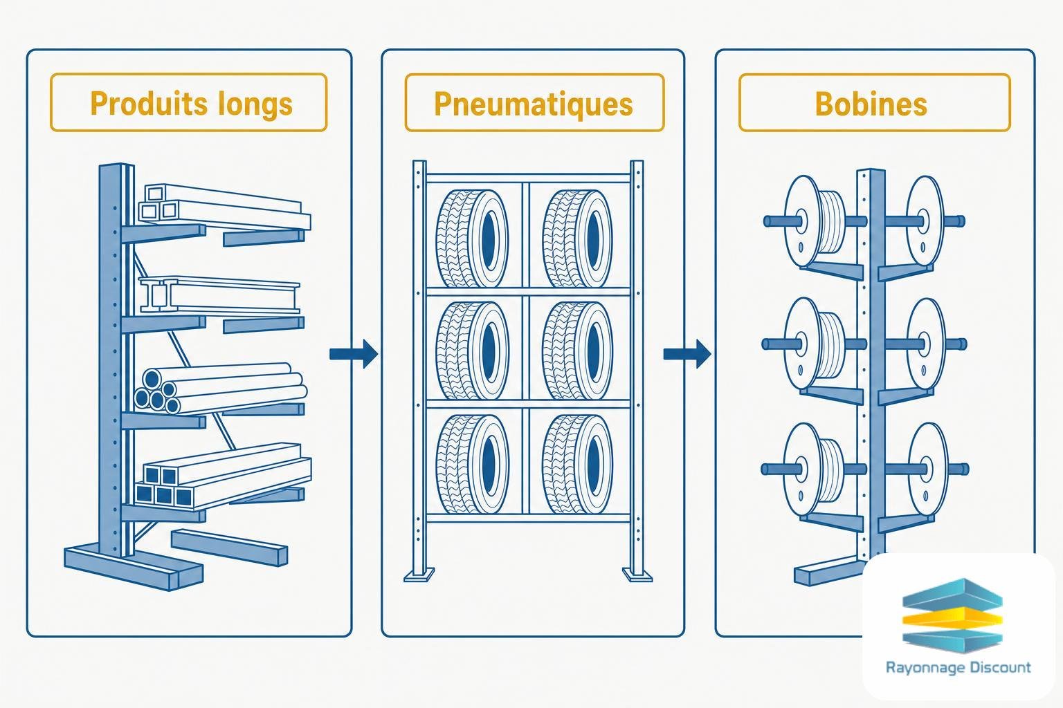 Illustration montrant trois compartiments: « Produits longs » avec rayonnage stockant poutres et tubes, « Pneumatiques » avec étagère à pneus, et « Bobines » avec racks à bobines. Différents types de rayonnage industriel.