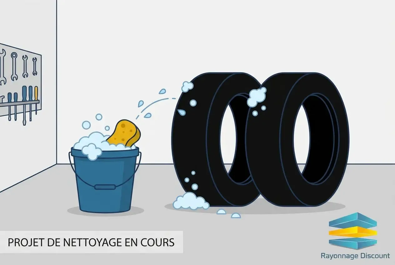 Lavage en cours de pneus hors-bord: seaux et mousse détergente avec deux pneus noirs posés, illustration pour le guide sur comment stocker pneus, sans jante ou avec.