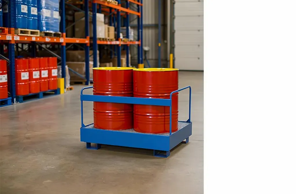Plate-forme de stockage bleue avec trois fûts rouges, en entrepôt, rayonnages et palettes visibles en arrière-plan. Comment optimiser l'espace de stockage.