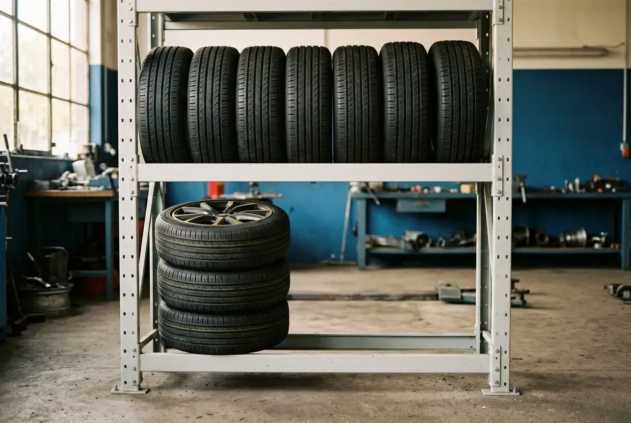 Pneus stockés sur étagère métallique en atelier, quelques jantes visibles, stockage organisé et propre pour pneus avec ou sans jante.