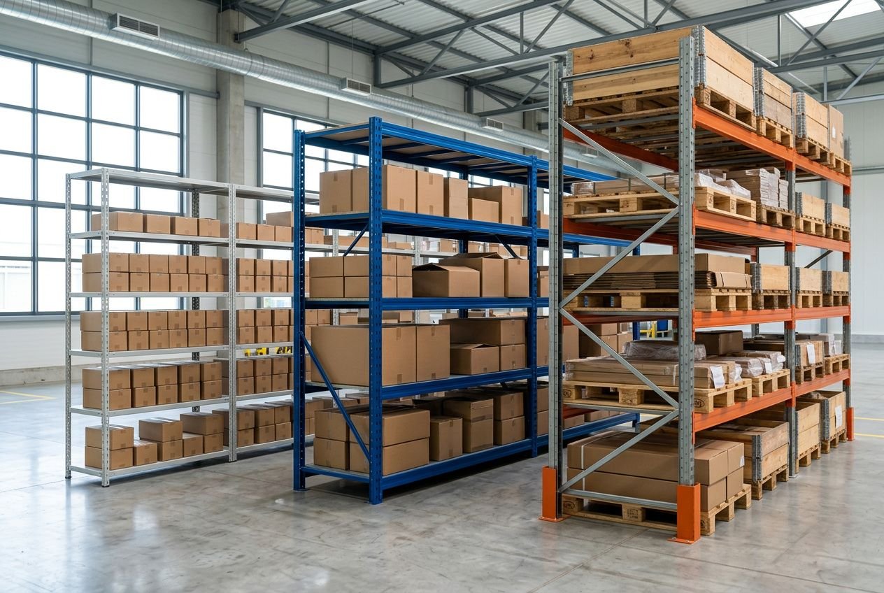 Rayonnage industriel avec palettes et cartons dans un entrepôt lumineux, montrant plusieurs modèles de différents types de rayonnage.